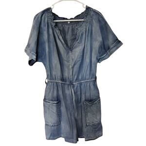 Blue Romper Size XL Woman's Jeans Denim Light Faded Pockets Elastic Waist Cute